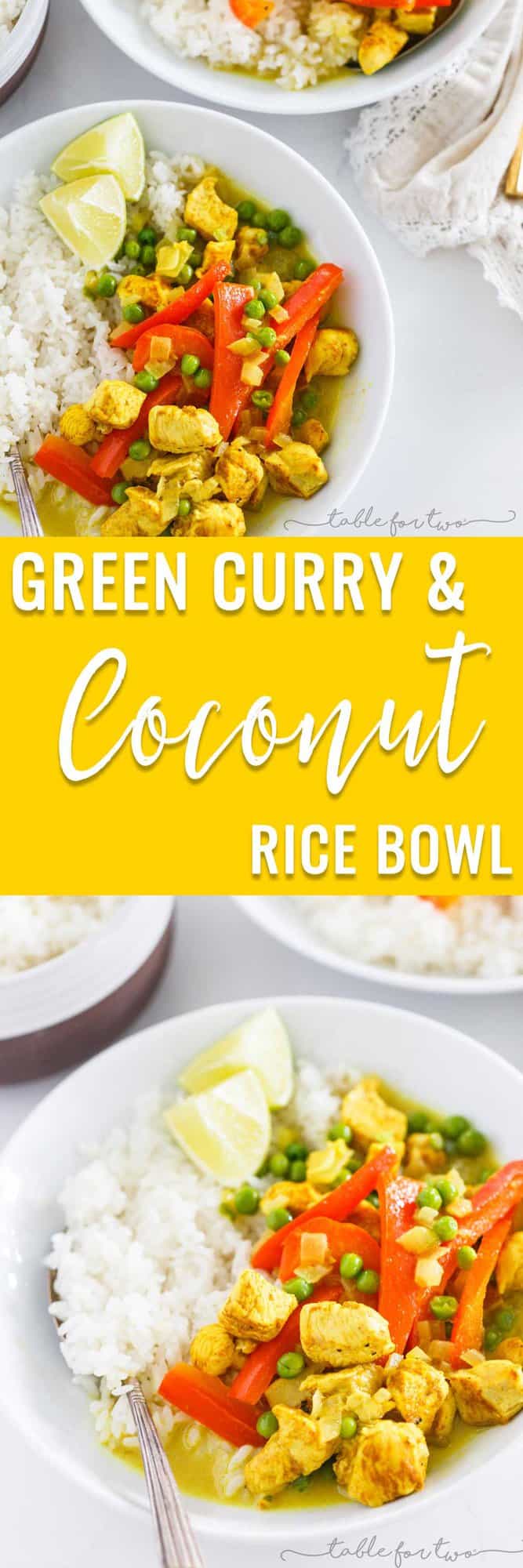 This green curry and coconut rice bowl is a delightfully flavorful easy weeknight meal or for meal prep. Simple to throw together yet not lacking in flavor one bit!