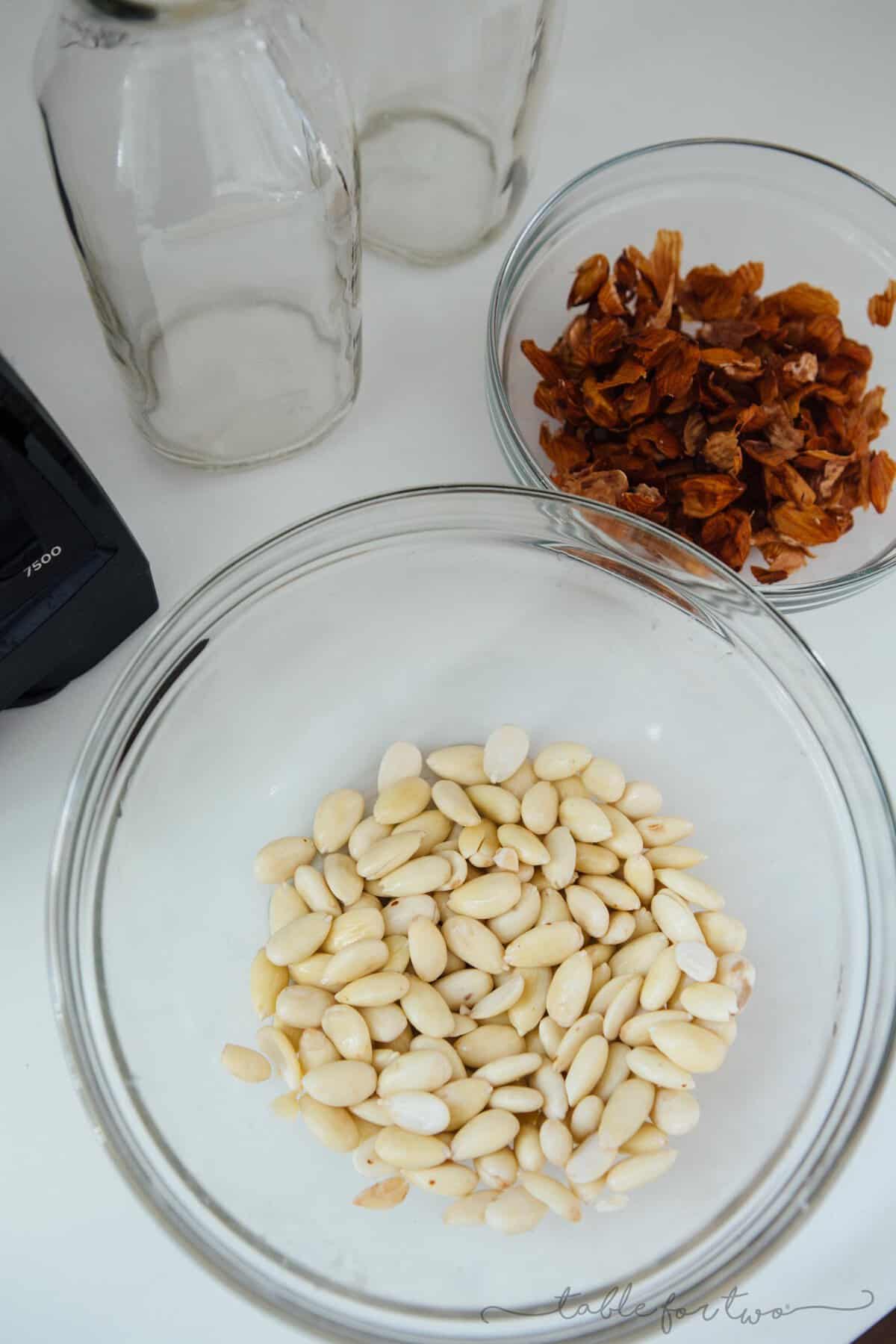 Making your own almond (milk) beverage at home is super easy and it seriously tastes so much cleaner and better than the store-bought kind. You know exactly what goes into it — almonds and water — and you can add additional flavors if you desire!