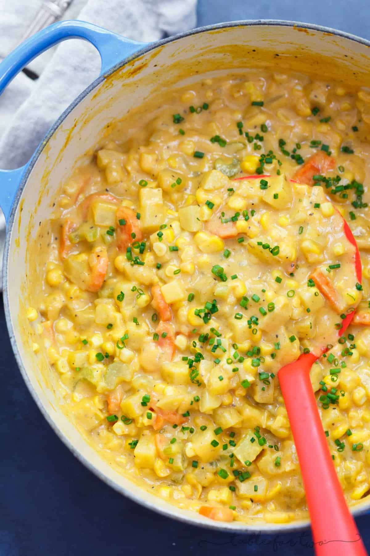 A hearty and comforting corn and pumpkin chowder that will warm you right up! Super chunky and full of texture!