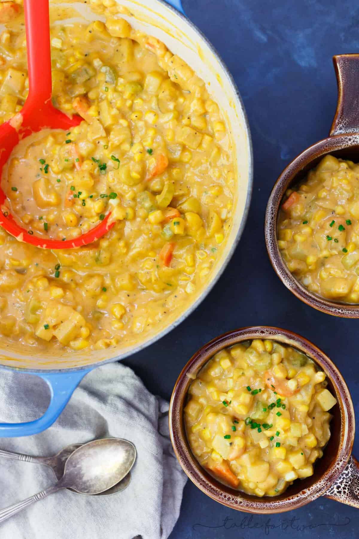 A hearty and comforting corn and pumpkin chowder that will warm you right up! Super chunky and full of texture!