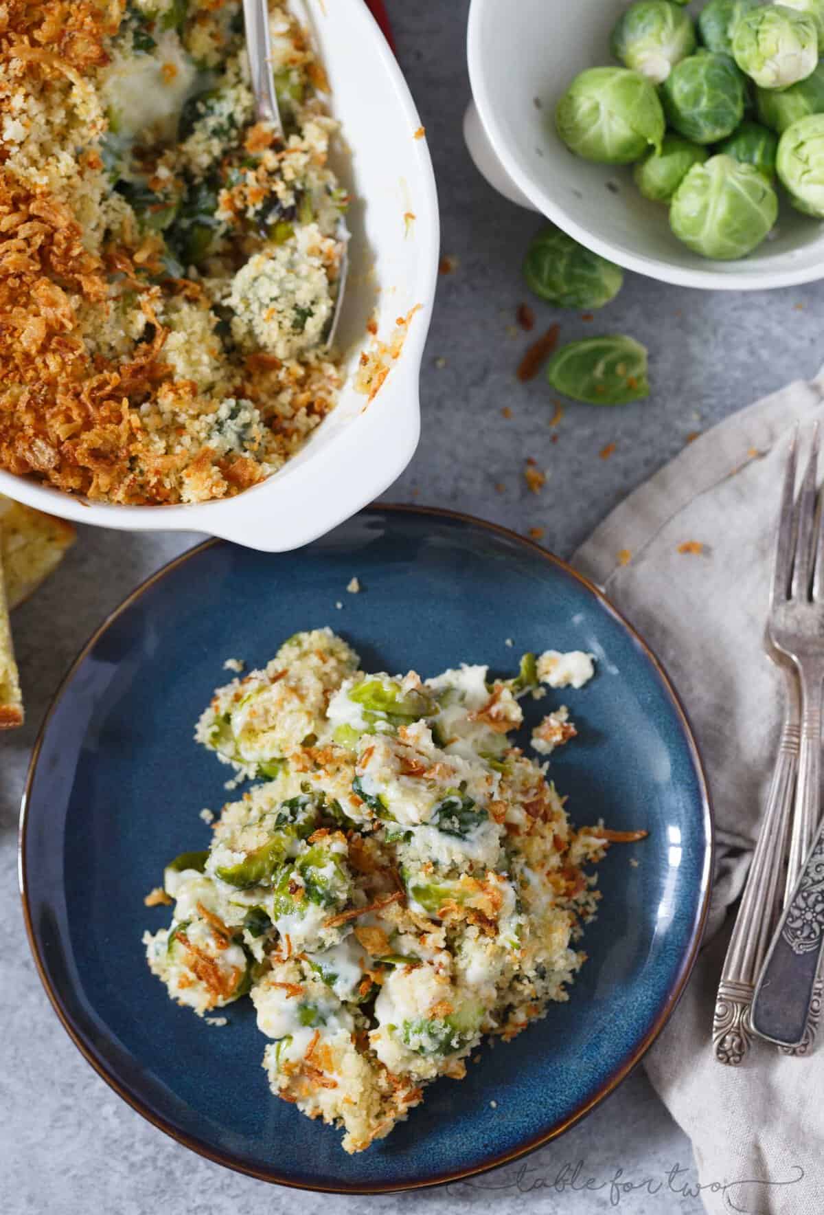 Pretty sure if you hate brussels sprouts, you haven't had them the right way. This roasted brussels sprouts gratin with garlic crumble and fried onion topping is going to elevate your side dish game at any party or potluck AND you will fall in love with brussels sprouts all over again! PROMISE!