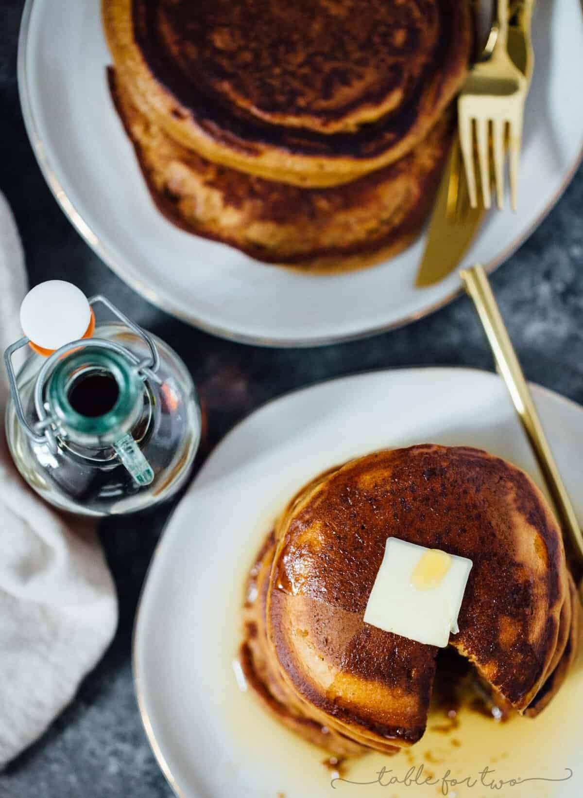 Fluffy and full of gingerbread flavor, these gingerbread pancakes are the perfect breakfast or brunch item to have on hand!