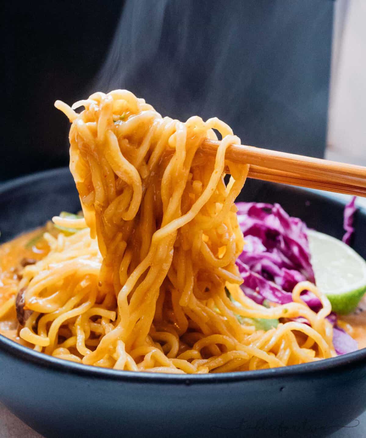 This coconut curry ramen will warm you right up! A delicious broth coats the tender ramen noodles. You will want to slurp up every last drop of this soup and ramen!