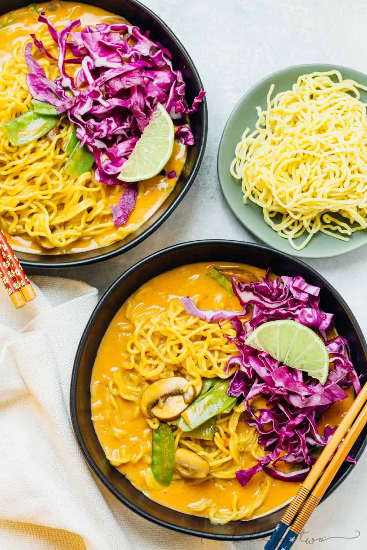 This coconut curry ramen will warm you right up! A delicious broth coats the tender ramen noodles. You will want to slurp up every last drop of this soup and ramen!