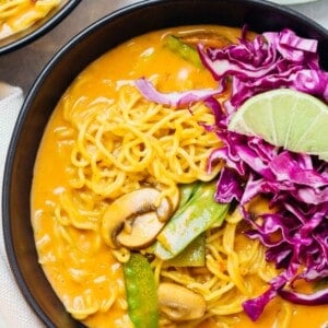 This coconut curry ramen will warm you right up! A delicious broth coats the tender ramen noodles. You will want to slurp up every last drop of this soup and ramen!