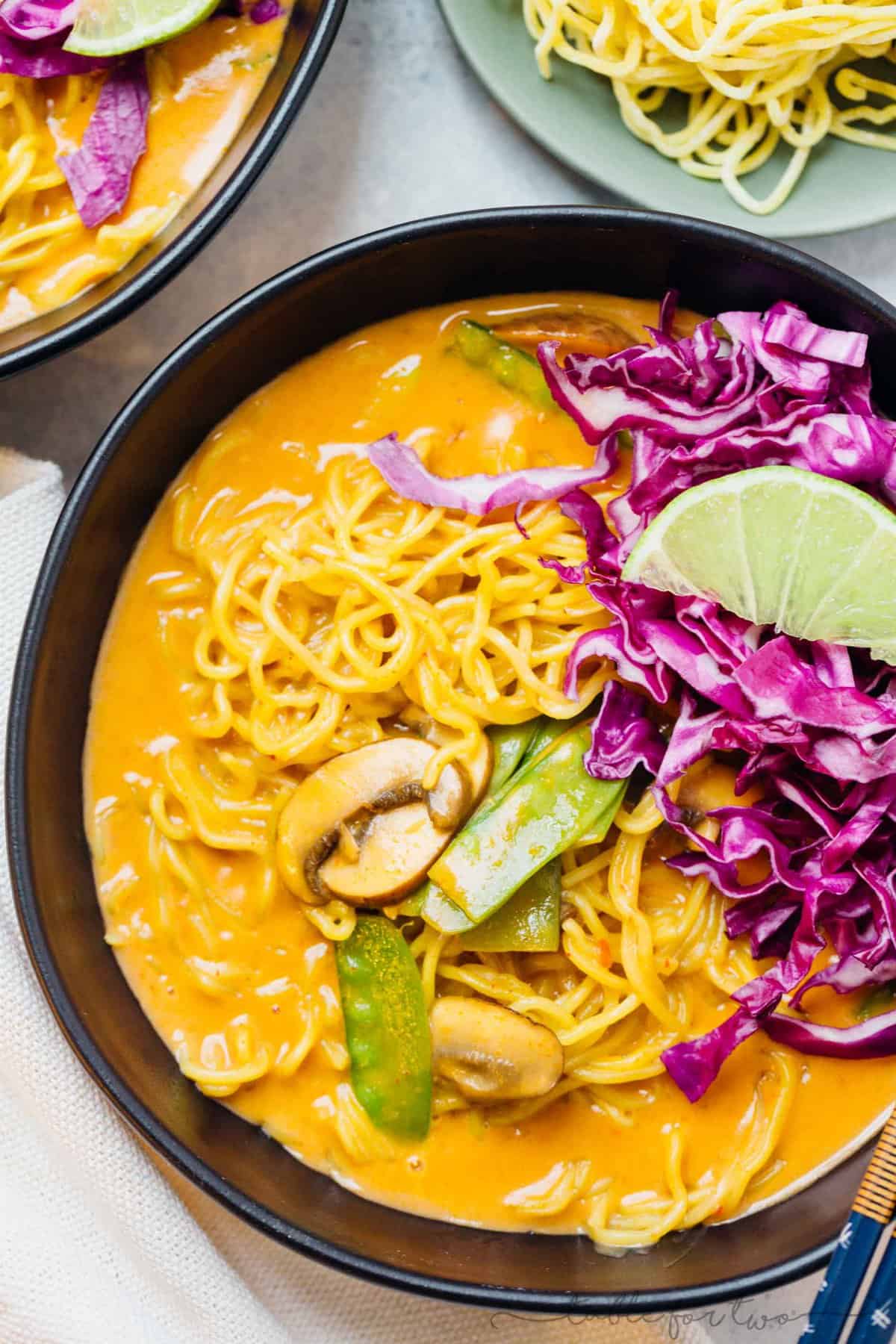 This coconut curry ramen will warm you right up! A delicious broth coats the tender ramen noodles. You will want to slurp up every last drop of this soup and ramen!