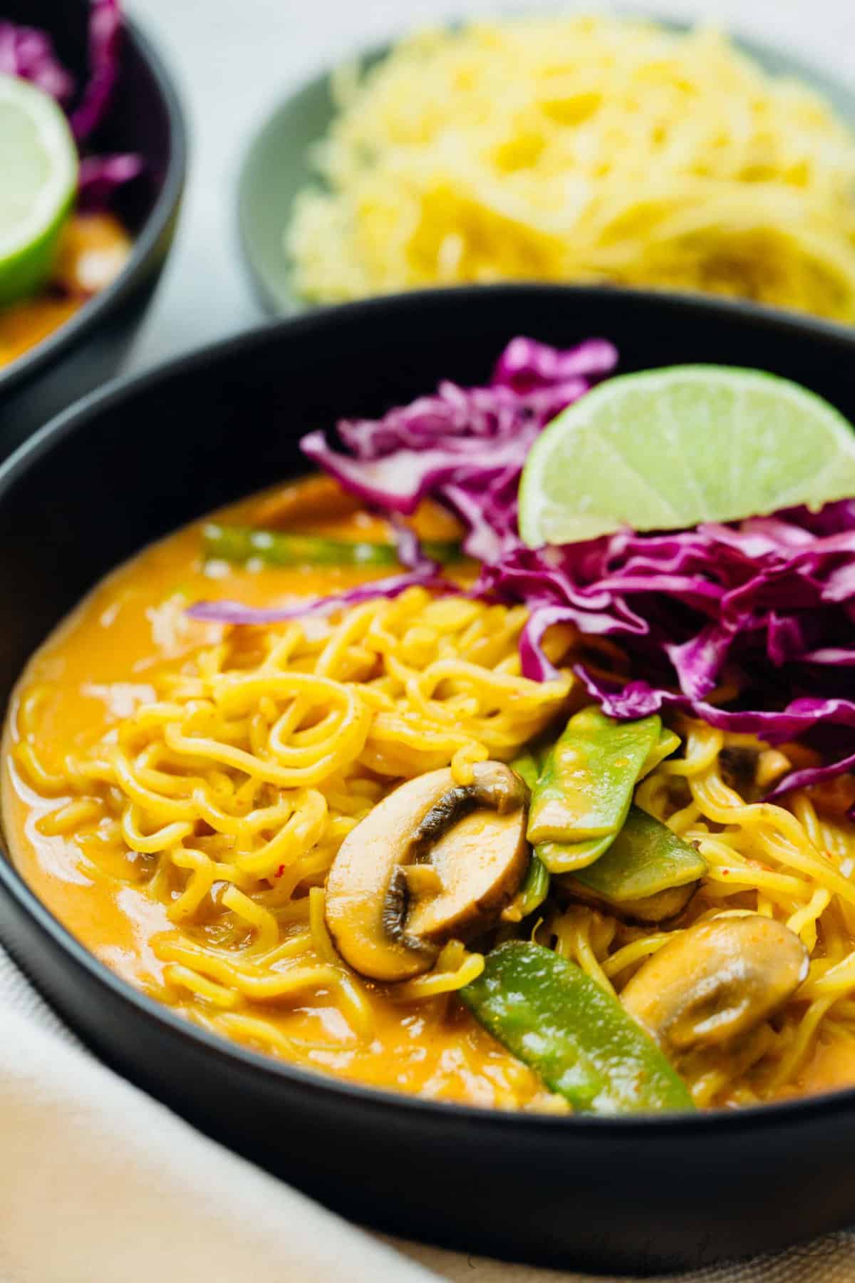This coconut curry ramen will warm you right up! A delicious broth coats the tender ramen noodles. You will want to slurp up every last drop of this soup and ramen!