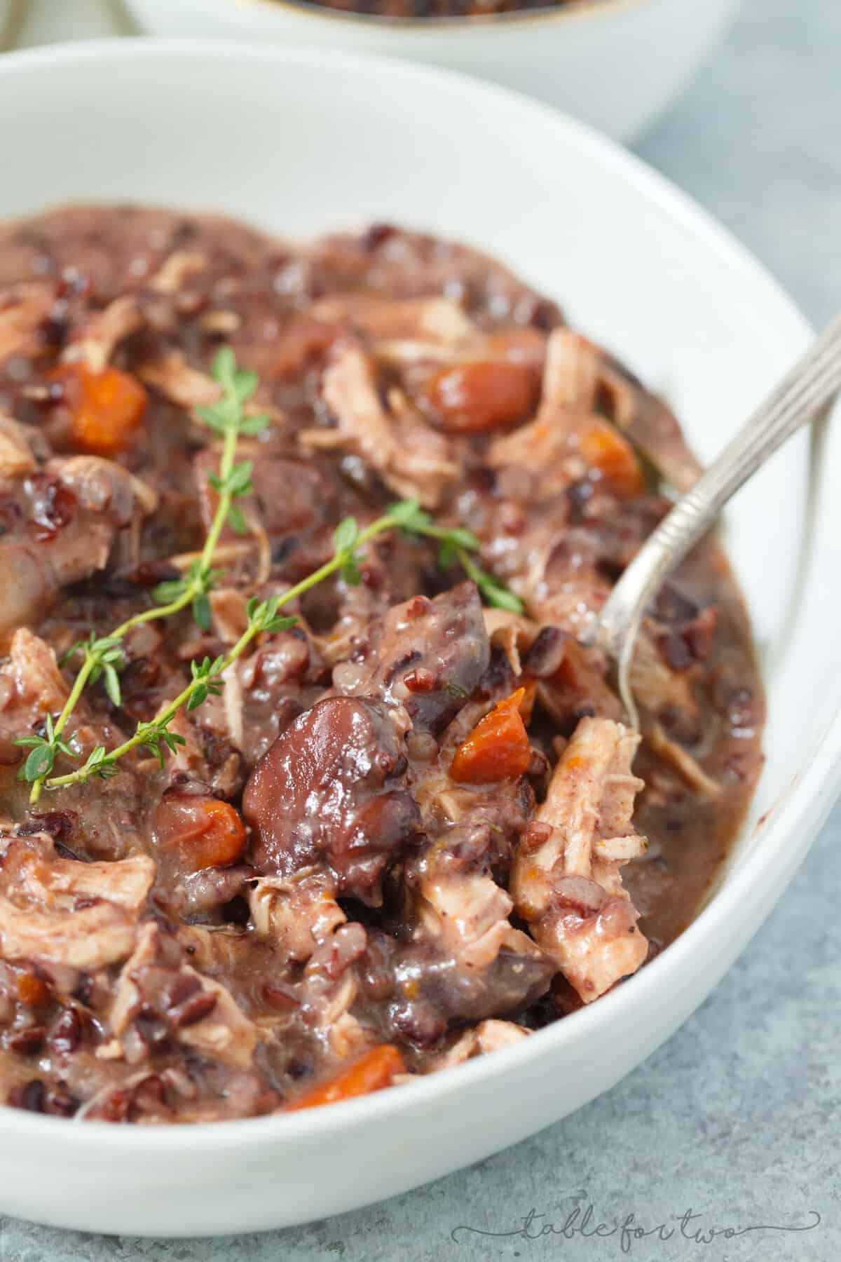 Throw everything into the Instant Pot and you have yourself a hearty and creamy mushroom and chicken wild rice stew to warm you up!