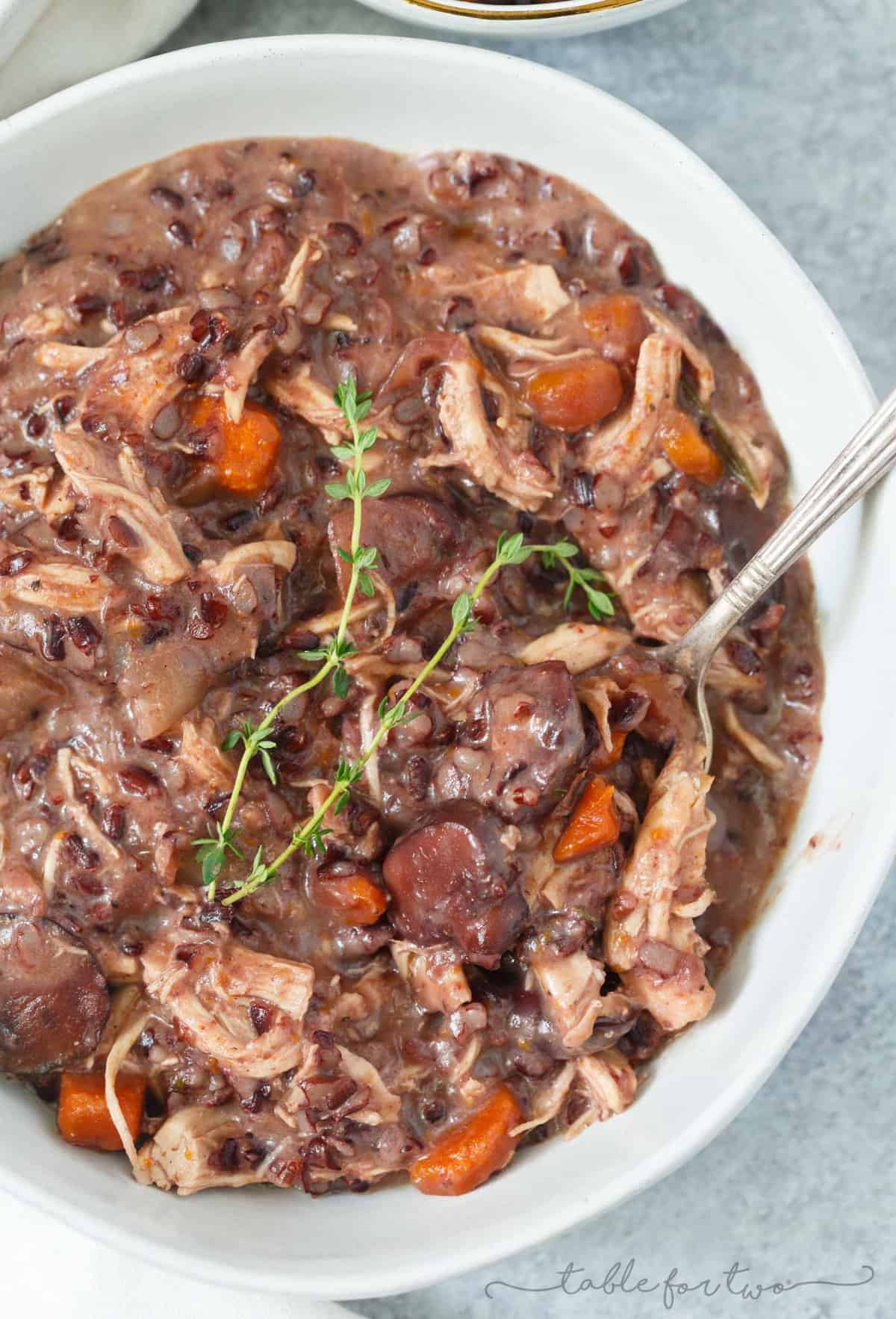 Throw everything into the Instant Pot and you have yourself a hearty and creamy mushroom and chicken wild rice stew to warm you up!