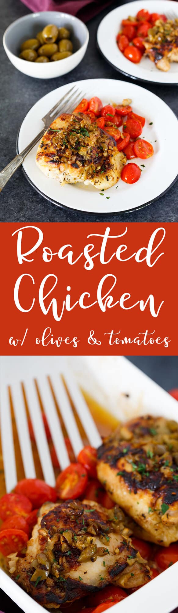 This oven-roasted chicken with olives and tomatoes is a deliciously flavorful weeknight dish. If you love briney and sweet; this roasted chicken is going to be your new favorite. The marinade is packed with flavor and is the perfect compliment to chicken!