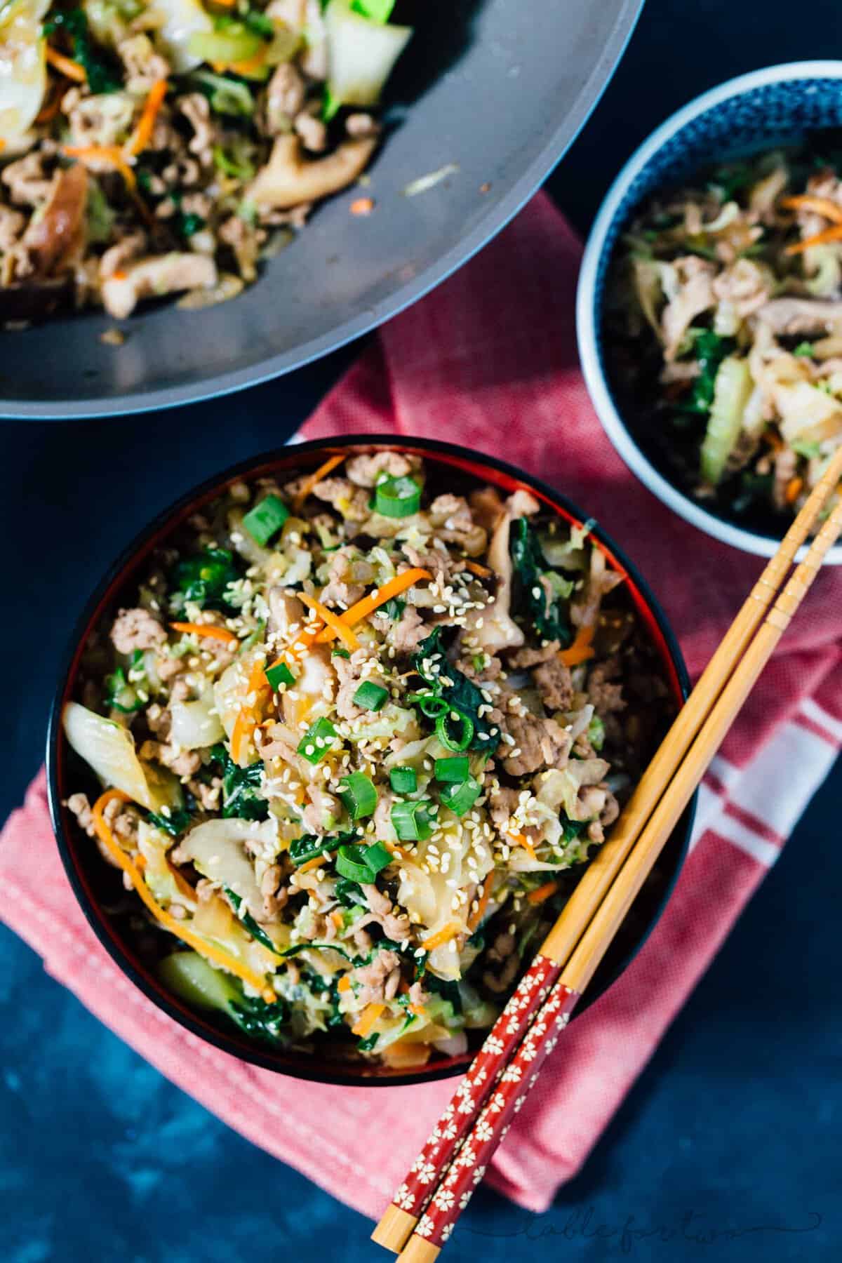 An eggroll in a bowl is your key to have all the eggroll filling you want! #eggrollbowl #eggroll #tablefortwoblog #chinesefood #asiancooking