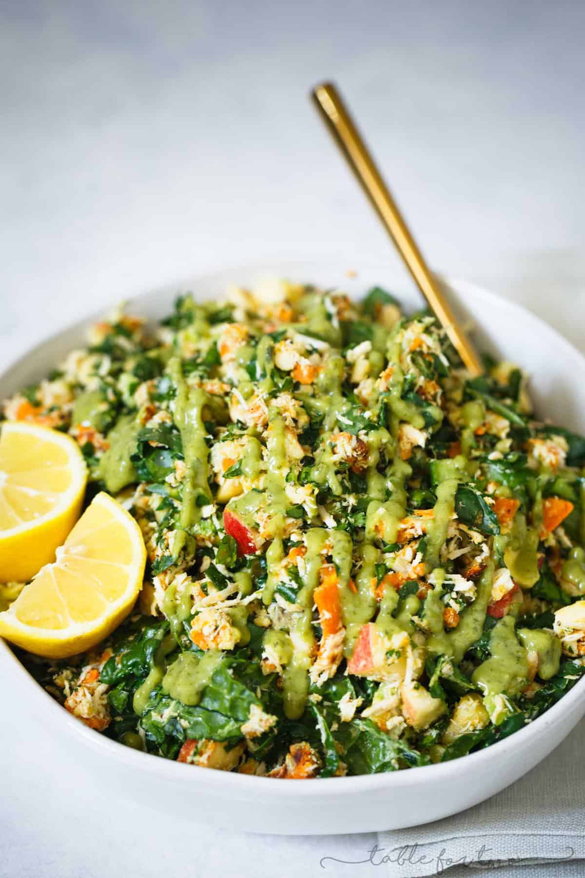 A hearty and filling harvest chopped salad bowl for any day of the week! the perfect lunch idea and a great, clean, meal! #salad #choppedsalad #saladrecipe