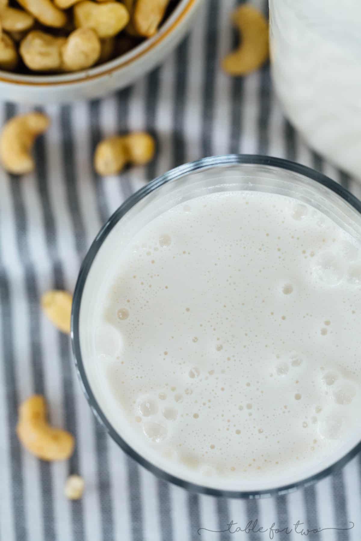 Making your own cashew milk at home is super easy and it seriously tastes so much cleaner and better than the store-bought kind. You know exactly what goes into it — cashews and water — and you can add additional flavors if you desire! #homemadecashewmilk #cashewmilk #cashewbeverage #homemade