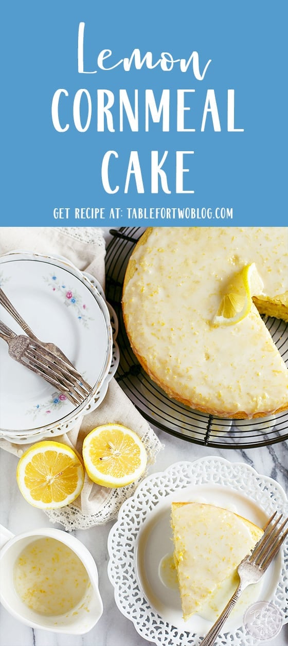 This lemon cornmeal cake is the ultimate way to ring in spring! It's so light and cornmeal gives this cake a subtle but distinct texture! You will love the glaze on top too. If you love all things lemon, this cake has your name on it! #lemoncake #lemon #cornmeal #cake #lemondessert #cornmealcake