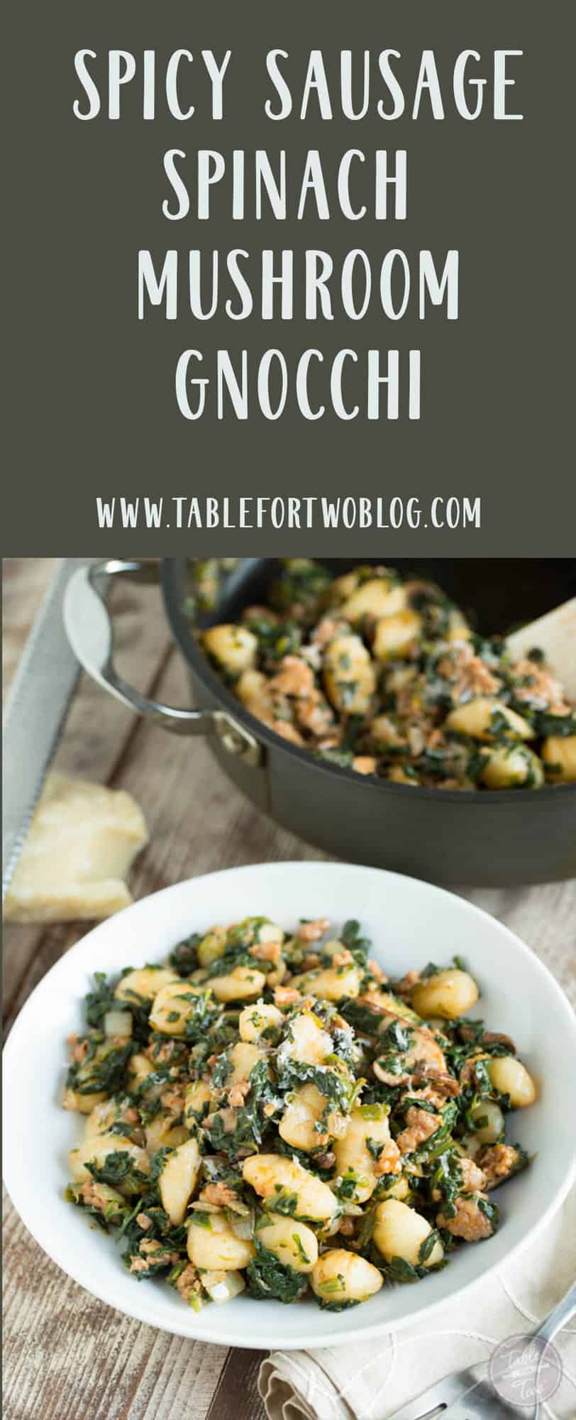 This 15-minute spicy sausage, spinach, and mushroom gnocchi is SO flavorful and incredibly easy to whip up that you'll want it on your dinner table multiple times a week! #gnocchi #easydinner #dinneridea #dinnerrecipe #pastarecipe #spicysausage