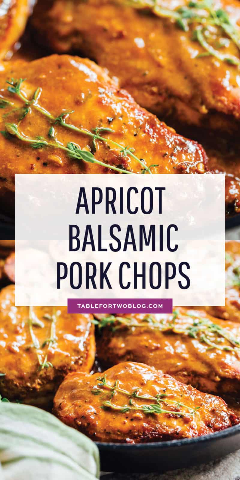 Apricot balsamic pork chops are going to be in your weeknight dinner rotation after your first bite of this sweet and tangy dish! #apricotbalsamic #apricot #porkchops #quickdinner #easydinner #skilletdinner