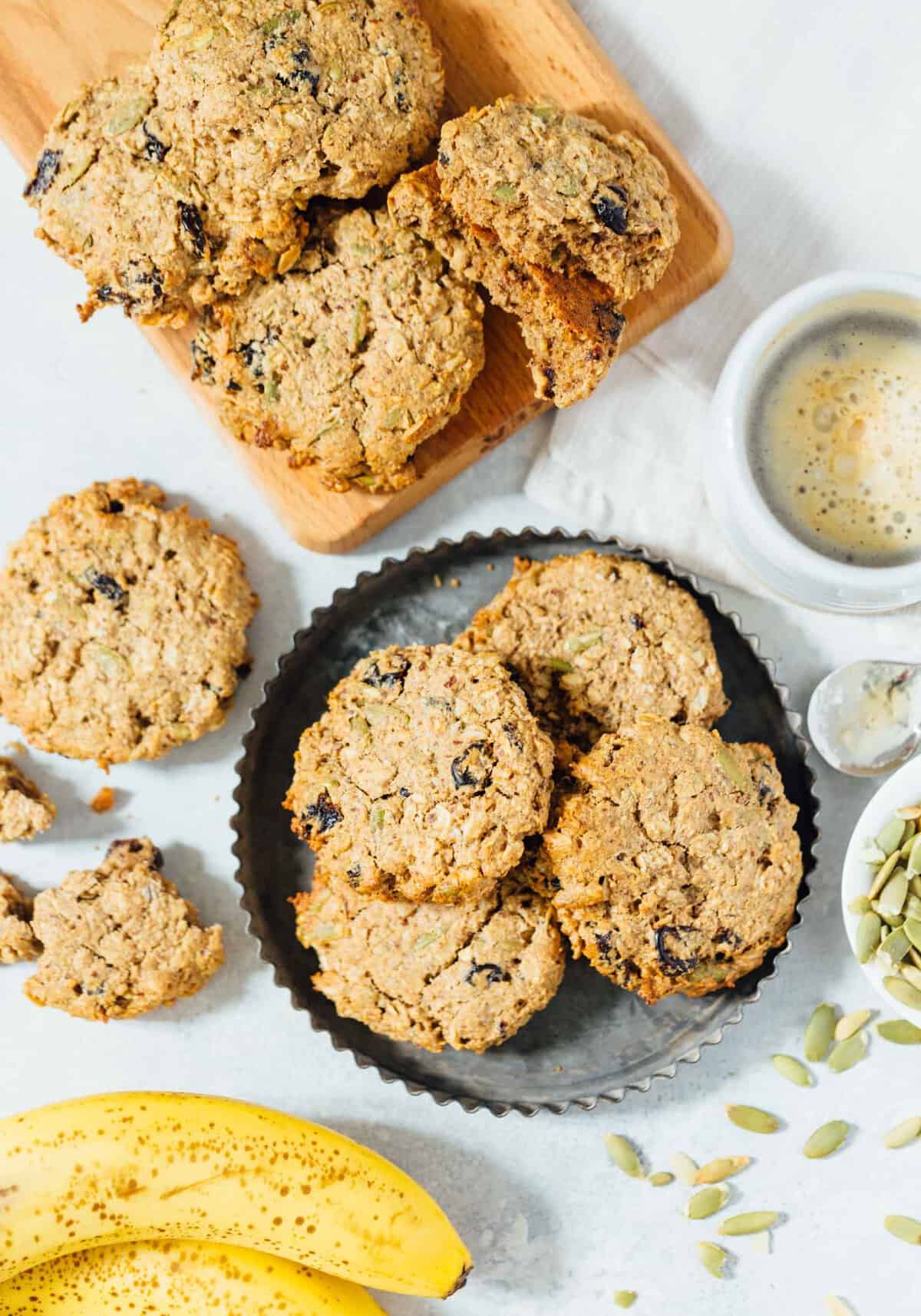 Naturally sweetened, vegan, and gluten-free. These breakfast cookies are a great on-the-go bite and good for any time of day! #cookies #breakfastcookies #glutenfreebaking #dairyfree #veganbaking #vegan #glutenfree #naturallysweetened