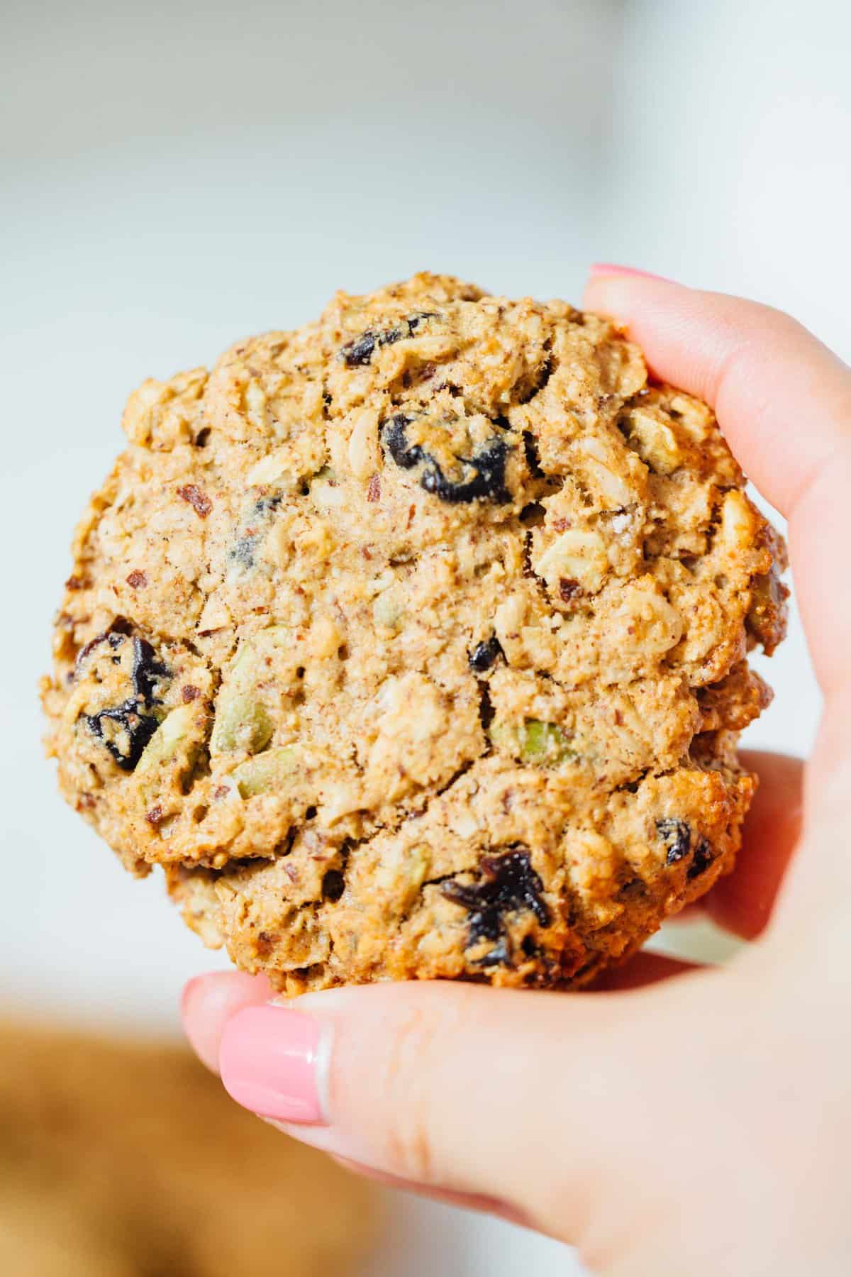 Naturally sweetened, vegan, and gluten-free. These breakfast cookies are a great on-the-go bite and good for any time of day! #cookies #breakfastcookies #glutenfreebaking #dairyfree #veganbaking #vegan #glutenfree #naturallysweetened