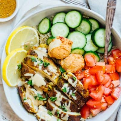 These easy chicken shawarma quinoa bowls are a meal prepping lover's dream. They're so customizable and easy to put together and have for the week! #ad #svorganic #svo #farmerfocus #chickenrecipe #chickenshawarma #chickendinner