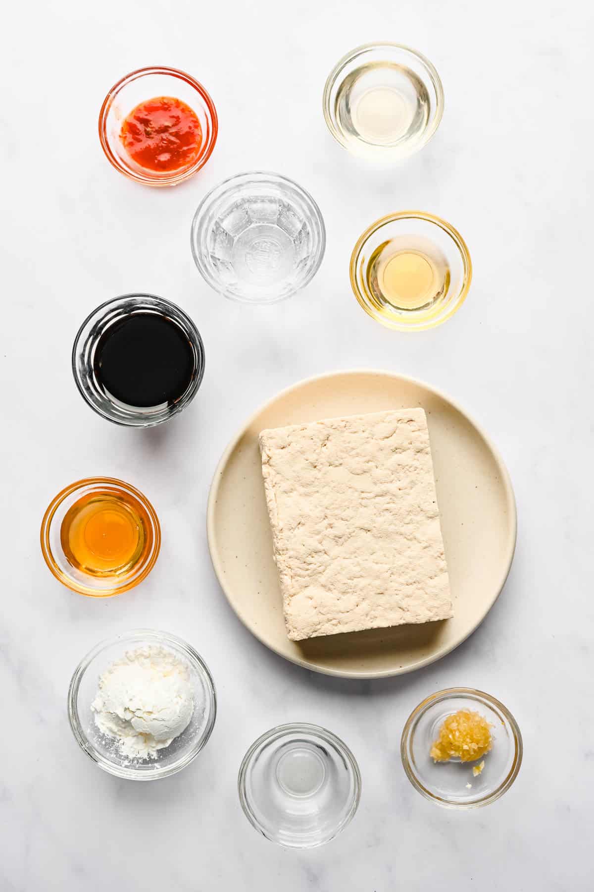 Ingredients for pan fried sesame garlic tofu.