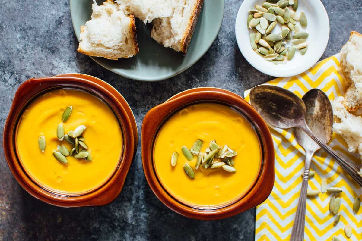 A creamy seasonal soup that you can have year-round. This Instant Pot autumn harvest butternut squash soup is a copycat from Panera that you know and love! #butternutsquash #soup #recipes #souprecipes #panera #paneracopycat #squashrecipes #falleats