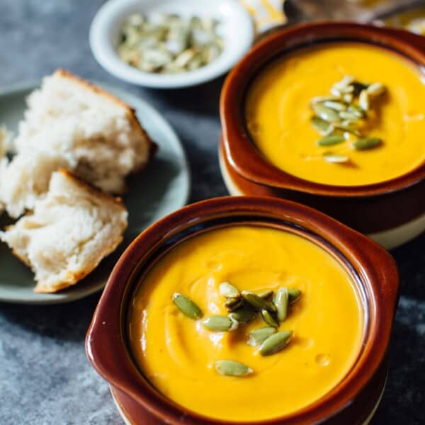 A creamy seasonal soup that you can have year-round. This Instant Pot autumn harvest butternut squash soup is a copycat from Panera that you know and love! #butternutsquash #soup #recipes #souprecipes #panera #paneracopycat #squashrecipes #falleats