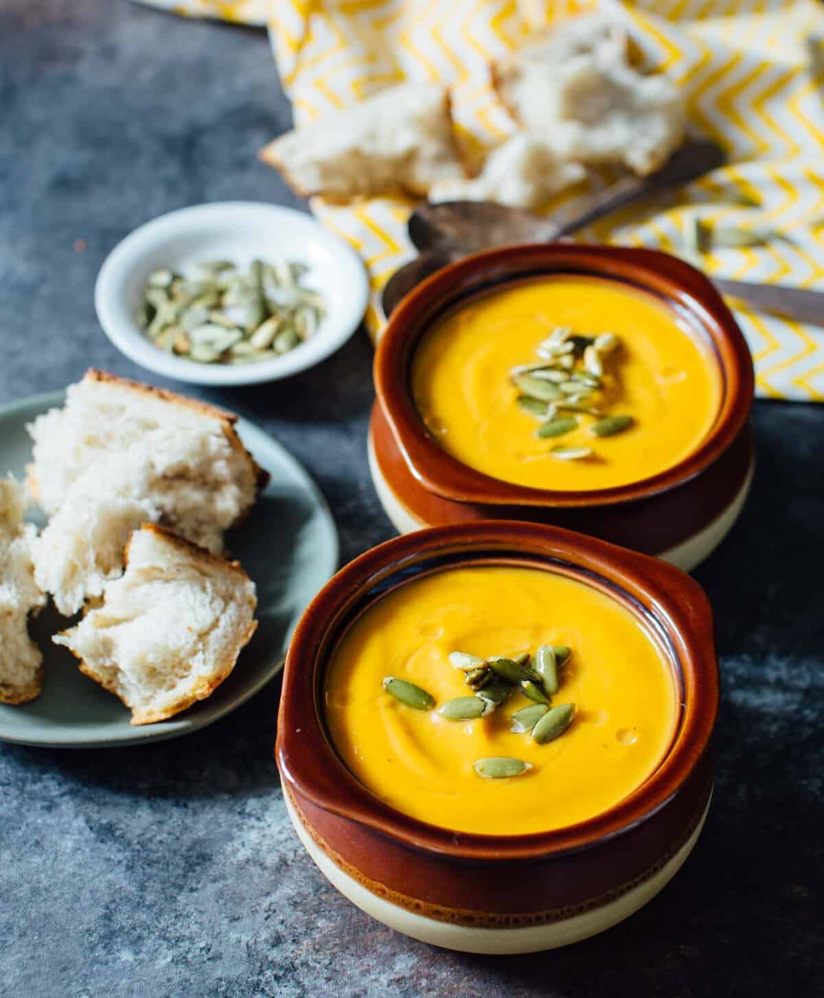 A creamy seasonal soup that you can have year-round. This Instant Pot autumn harvest butternut squash soup is a copycat from Panera that you know and love! #butternutsquash #soup #recipes #souprecipes #panera #paneracopycat #squashrecipes #falleats