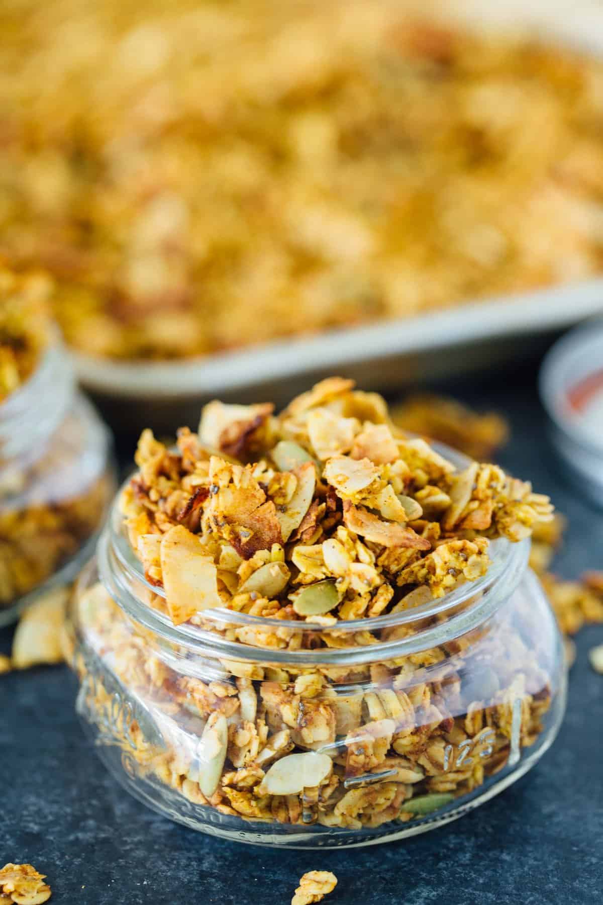 This pumpkin coconut granola has all the flavors of Fall in this sweet and salty combination! It's perfect to top on plain yogurt, oats, or even with milk!