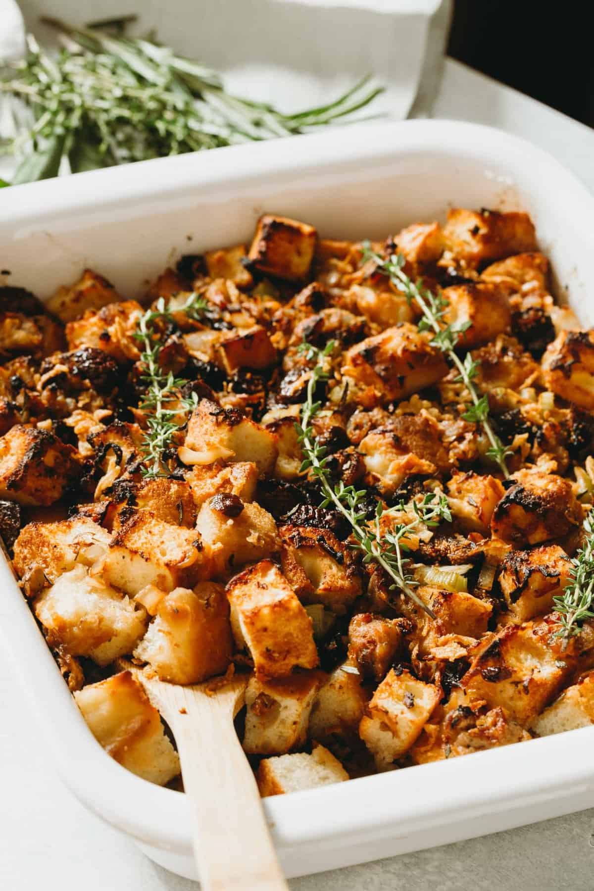 A unique take on the traditional Thanksgiving stuffing! This focaccia stuffing is filled with dried figs and chicken sausage for sweet and savory flavors!