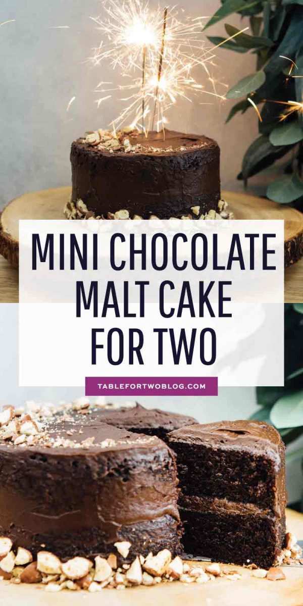 This mini chocolate malt cake for two is perfect for any celebration or if you're just craving a chocolate cake and don't want to make a large one! #minicake #chocolatecake #chocolatemalt #malt #cakefortwo #chocolate