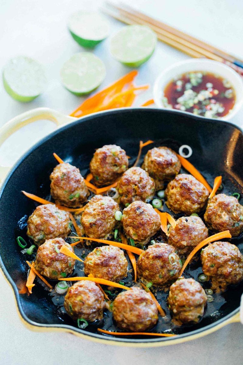 These Asian pork meatballs have a lot of flavor and are perfect topped on rice noodles or a bowl of rice! They are great for party appetizers too!