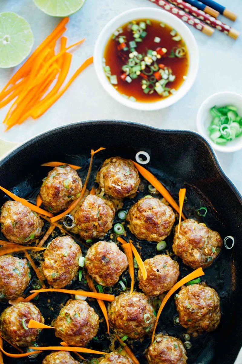 These Asian pork meatballs have a lot of flavor and are perfect topped on rice noodles or a bowl of rice! They are great for party appetizers too!