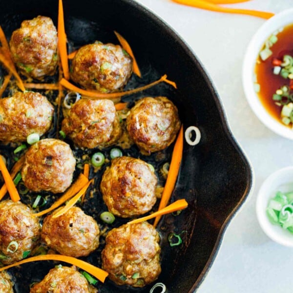 These Asian pork meatballs have a lot of flavor and are perfect topped on rice noodles or a bowl of rice! They are great for party appetizers too!