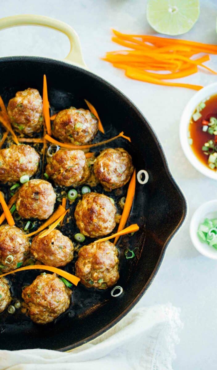 These Asian pork meatballs have a lot of flavor and are perfect topped on rice noodles or a bowl of rice! They are great for party appetizers too!