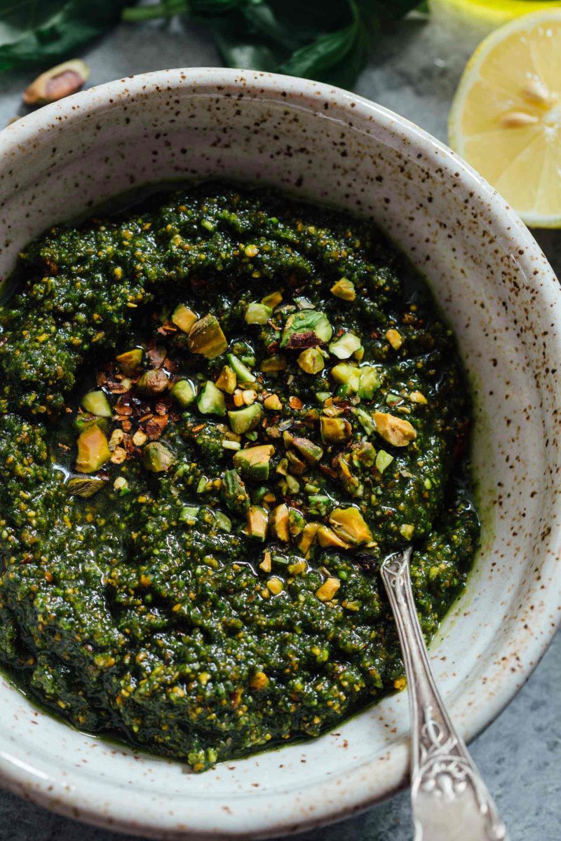 If you need to elevate a rather boring dish, put some pistachio pesto on it and you will instantly elevate a dish! It's versatile enough to use on various meats, pastas, and more!