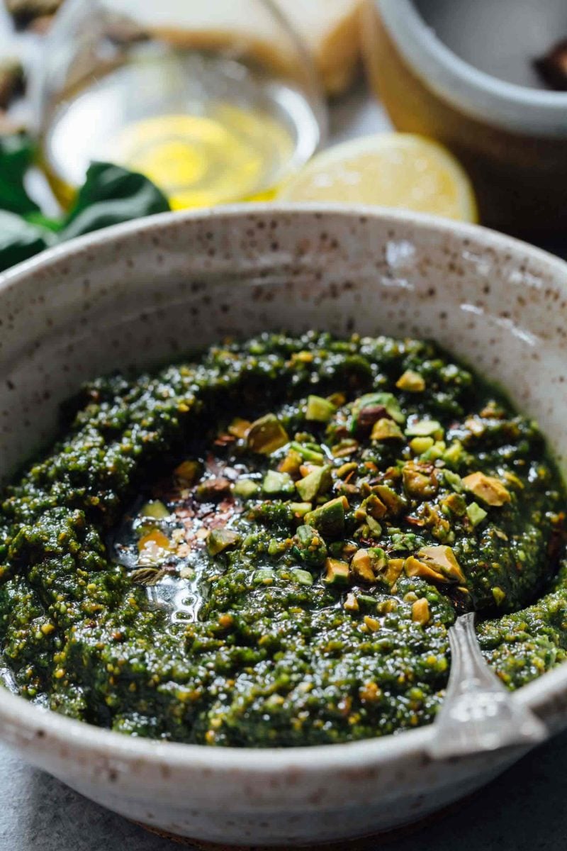 If you need to elevate a rather boring dish, put some pistachio pesto on it and you will instantly elevate a dish! It's versatile enough to use on various meats, pastas, and more!