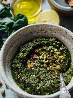 If you need to elevate a rather boring dish, put some pistachio pesto on it and you will instantly elevate a dish! It's versatile enough to use on various meats, pastas, and more! #pistachio #pistachiorecipe #pistachiopesto #pestorecipe