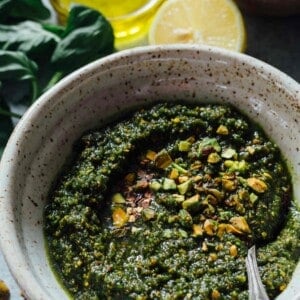 If you need to elevate a rather boring dish, put some pistachio pesto on it and you will instantly elevate a dish! It's versatile enough to use on various meats, pastas, and more! #pistachio #pistachiorecipe #pistachiopesto #pestorecipe