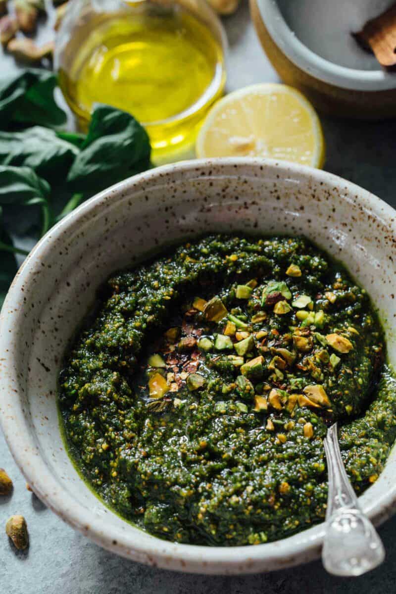 If you need to elevate a rather boring dish, put some pistachio pesto on it and you will instantly elevate a dish! It's versatile enough to use on various meats, pastas, and more!