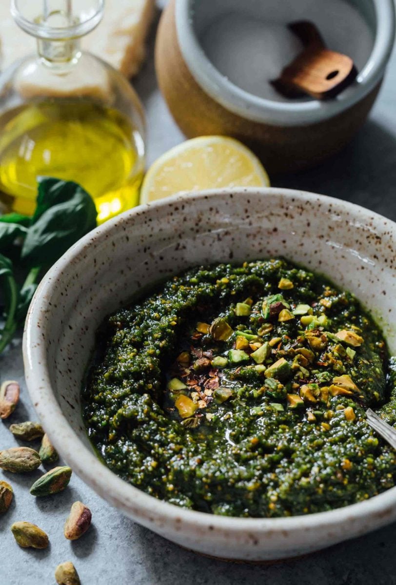 If you need to elevate a rather boring dish, put some pistachio pesto on it and you will instantly elevate a dish! It's versatile enough to use on various meats, pastas, and more!