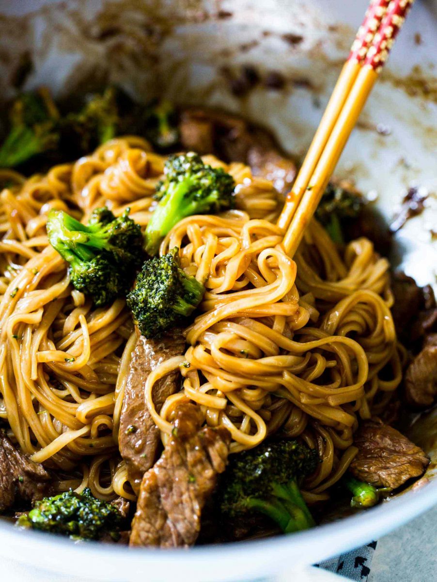 A take on the classic Chinese takeout dish but in a rice noodle dish! Super easy to make on a busy weeknight! This Asian beef and broccoli noodle dish is going to be your new favorite!