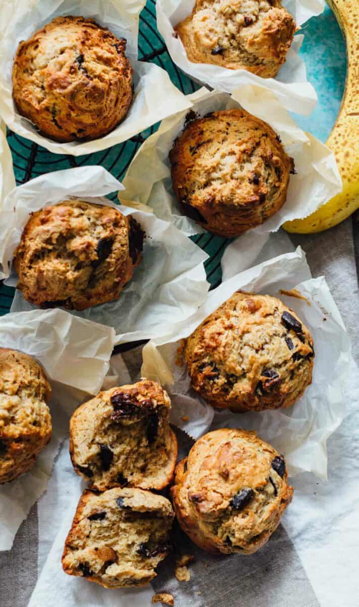 These peanut butter and chocolate banana muffins are so soft and tender with the biggest domed top! They're just like straight out of a bakery!