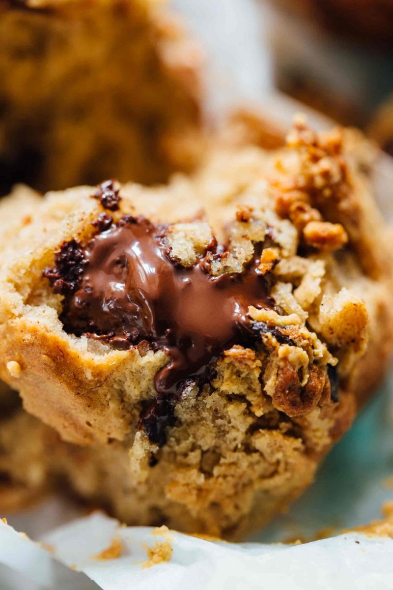 These peanut butter and chocolate banana muffins are so soft and tender with the biggest domed top! They're just like straight out of a bakery!