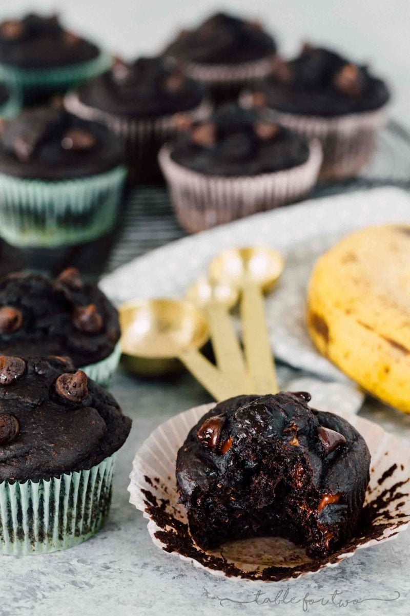 An incredibly moist and tender double dark chocolate banana muffin! They look like they came out of a bakery!