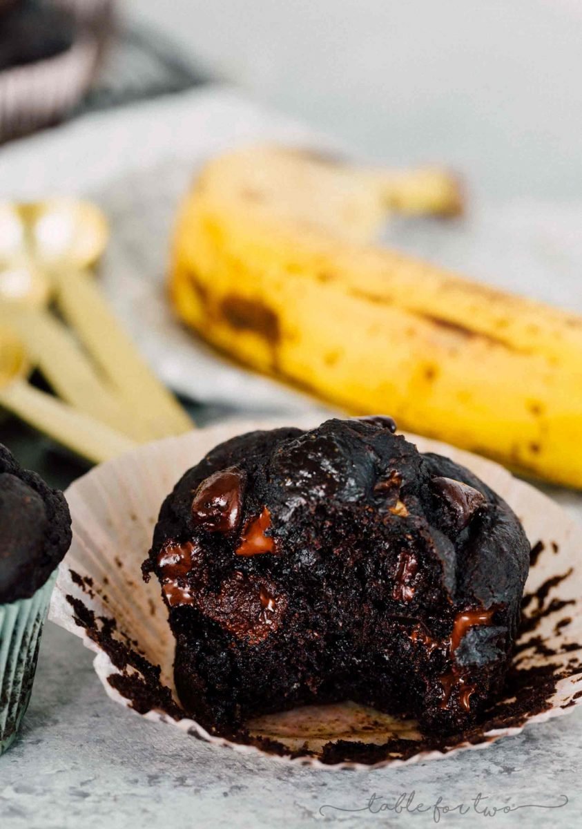 An incredibly moist and tender double dark chocolate banana muffin! They look like they came out of a bakery!