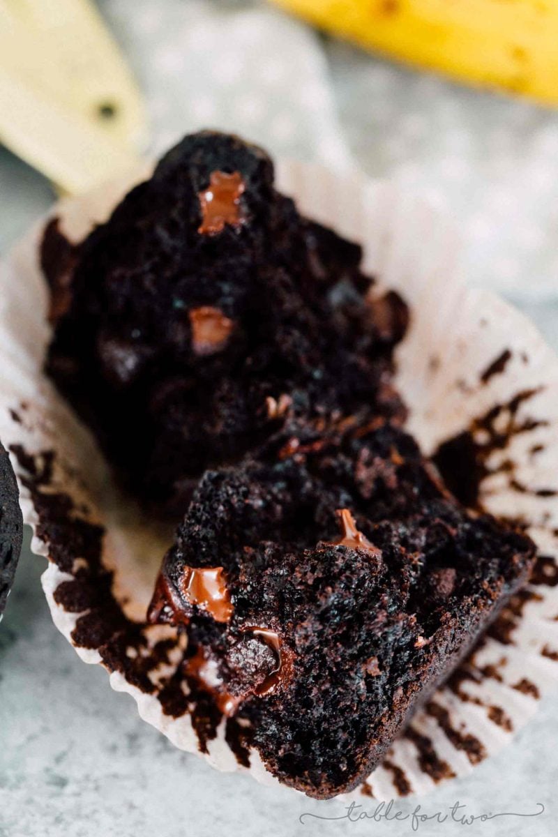 An incredibly moist and tender double dark chocolate banana muffin! They look like they came out of a bakery!