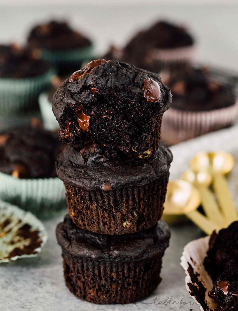 An incredibly moist and tender double dark chocolate banana muffin! They look like they came out of a bakery!