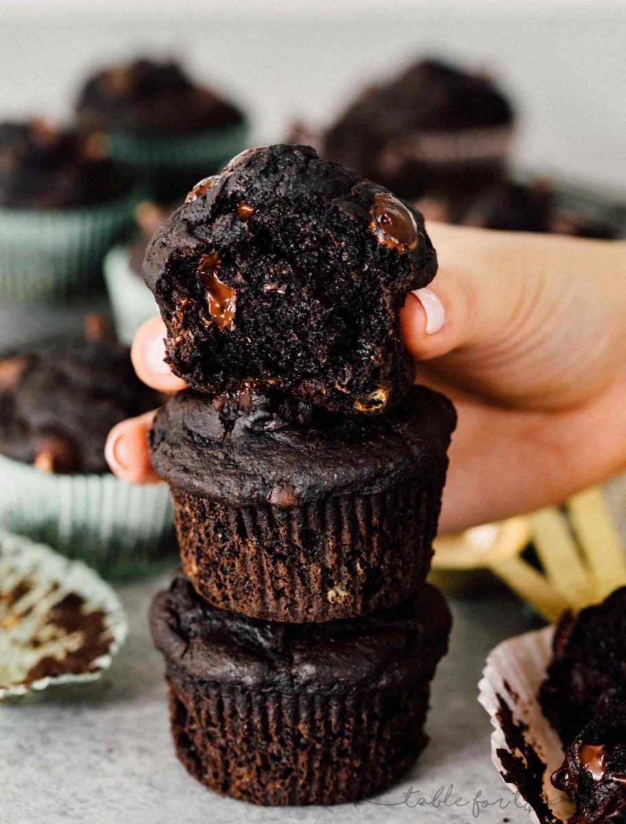 An incredibly moist and tender double dark chocolate banana muffin! They look like they came out of a bakery!