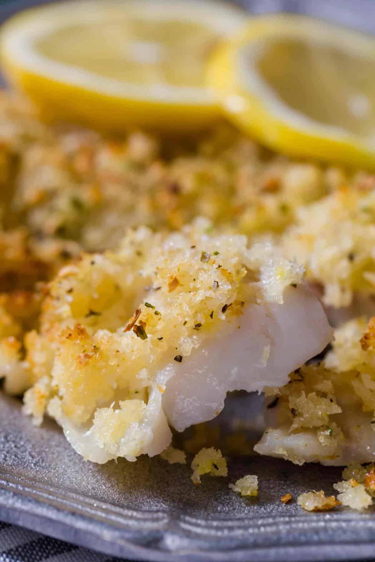 Closeup of haddock with crispy layer of crust