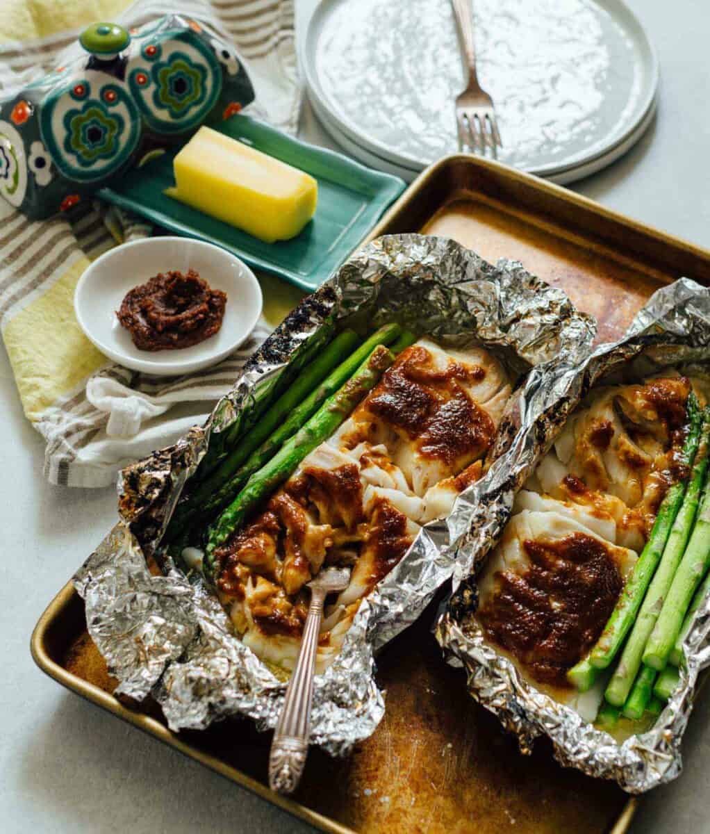 Who doesn't love foil packet dinners? This miso butter cod foil packet dinner is SO easy to make and has the most incredible umami-filled flavors!